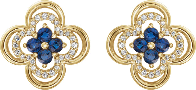 14K Gold Round Natural Blue Sapphire Clover Earrings – 2.5mm Stones - Yellow Gold - view 2