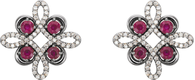 Platinum Round Natural Ruby Clover Earrings - view 2