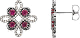 14K Gold Round Natural Ruby Clover Earrings - White Gold