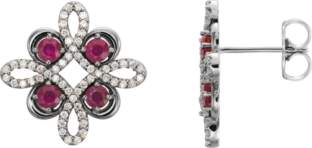 14K Gold Round Natural Ruby Clover Earrings - White Gold