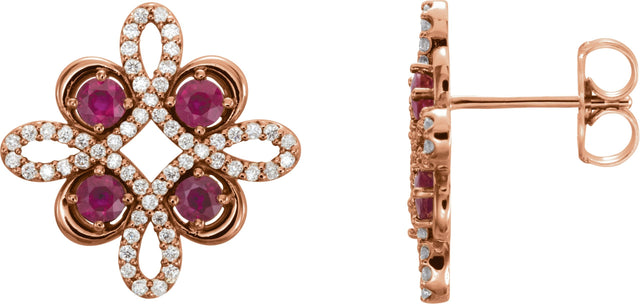 14K Gold Round Natural Ruby Clover Earrings - Rose Gold