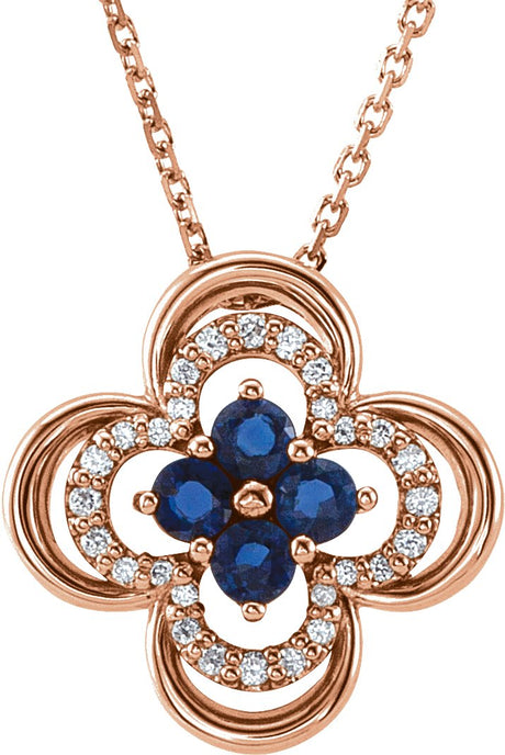 14K Gold Round Natural Blue Sapphire Clover Necklace or Pendant – 1/10 CTW - Rose Gold