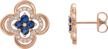 14K Gold Round Natural Blue Sapphire Clover Earrings – 2.5mm Stones - Rose Gold