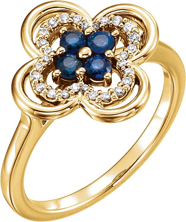 14K Gold Round Natural Blue Sapphire Clover Ring - Yellow Gold