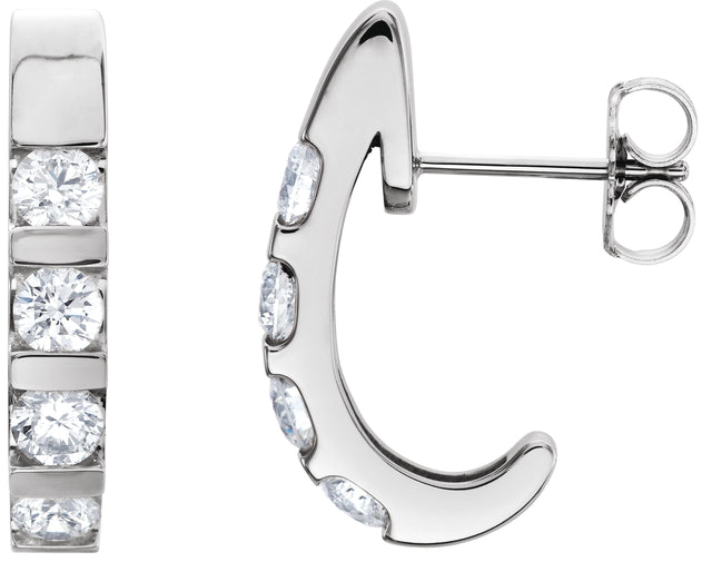Platinum Round Natural Diamond Channel-Set J-Hoop Earrings