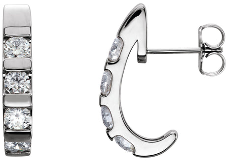 Platinum Round Natural Diamond Channel-Set J-Hoop Earrings