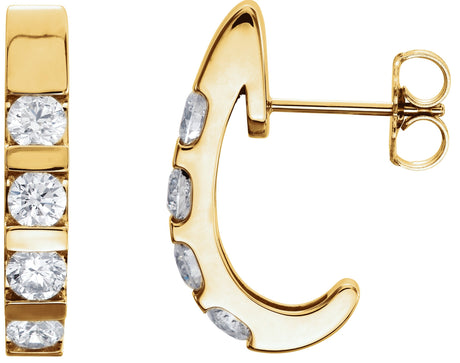 14K Gold Round Natural Diamond Channel-Set J-Hoop Earrings – 3.2-3.5mm Stones - Yellow Gold