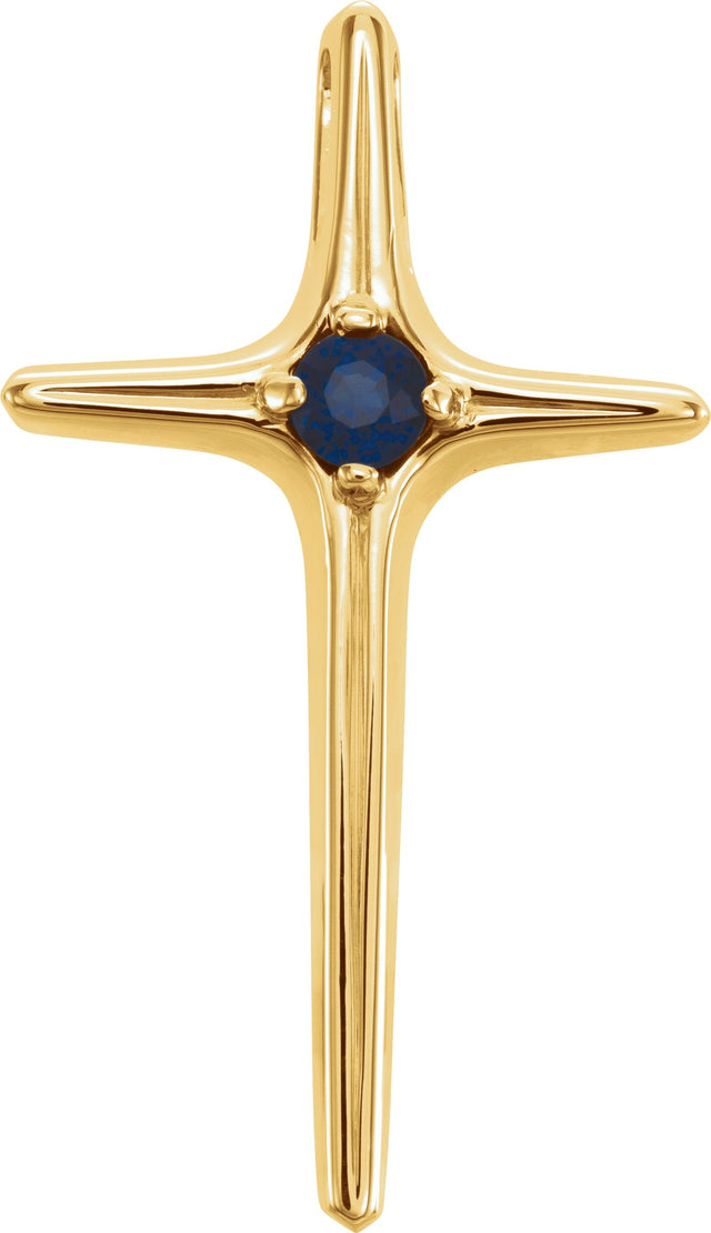 14K Gold Round Natural Blue Sapphire Solitaire Cross Pendant II - Yellow Gold