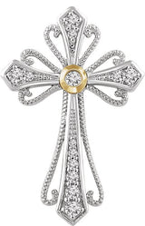 14K Gold Round Natural Diamond Beaded Cross Pendant
