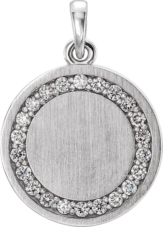 14K Gold Round Natural Diamond Engravable Halo-Style Necklace or Pendant - White Gold