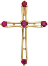 14K Gold Round Natural Ruby Cross Pendant III