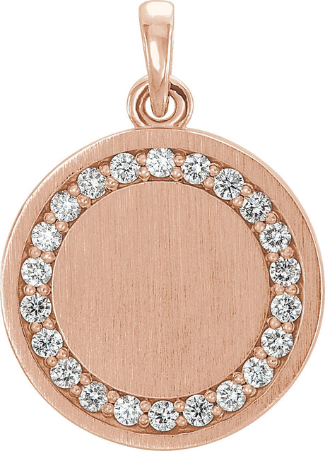 14K Gold Round Natural Diamond Engravable Halo-Style Necklace or Pendant - Rose Gold