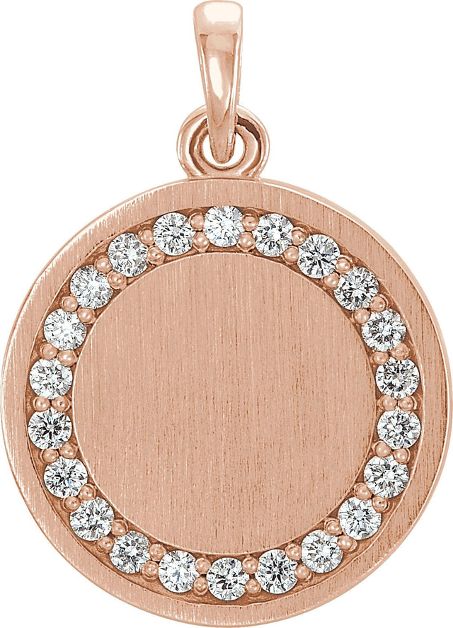 14K Gold Round Natural Diamond Engravable Halo-Style Necklace or Pendant - Rose Gold