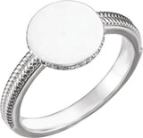 14K Gold Natural Diamond Round Signet Ring - White Gold