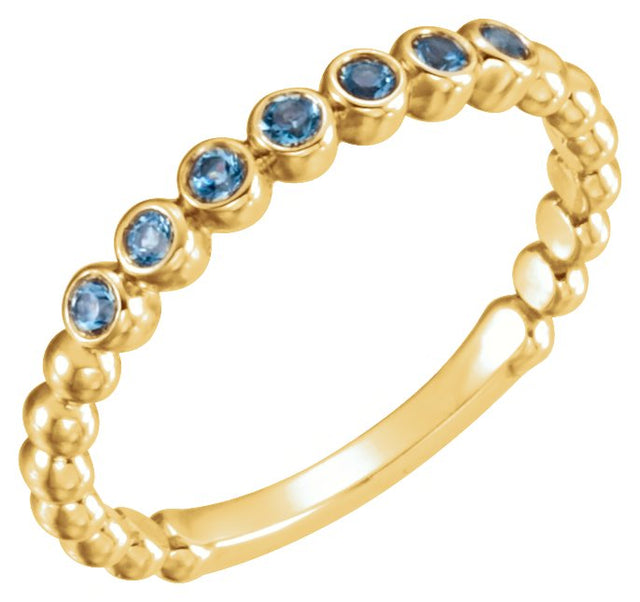 14K Gold Round Natural Aquamarine Stackable Bead Ring - Yellow Gold