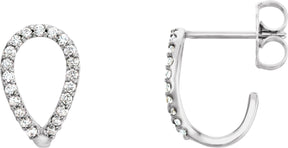 14K Gold Round Natural Diamond Geometric J-Hoop Earrings - White Gold
