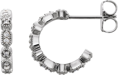 14K Gold Round Natural Diamond Accented Hoop Earrings – 1-1.1mm Stones - White Gold