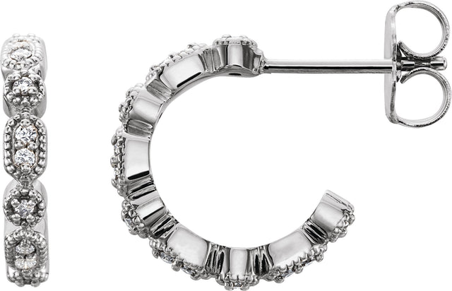 14K Gold Round Natural Diamond Accented Hoop Earrings – 1-1.1mm Stones - White Gold