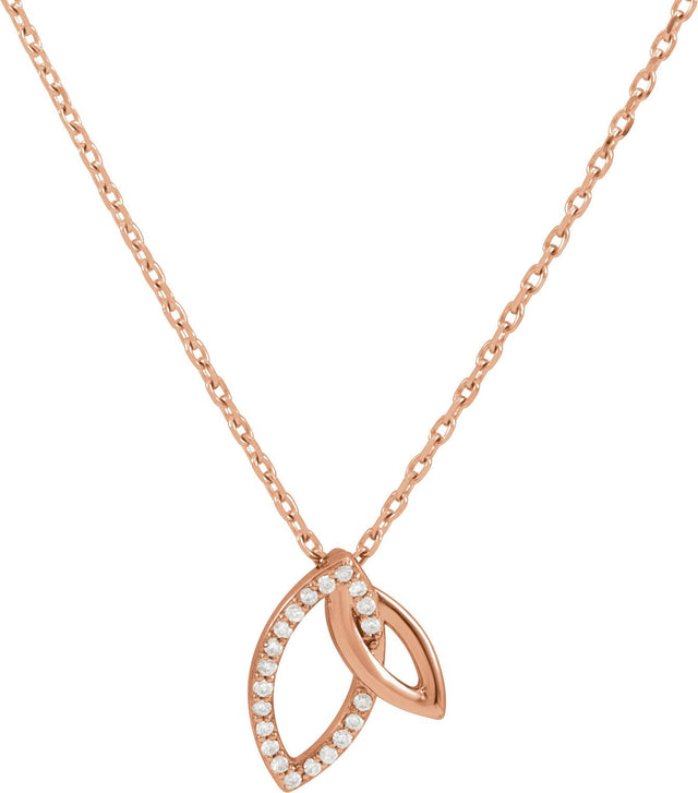 14K Gold Round Natural Diamond Double Leaf Necklace or Pendant - Rose Gold