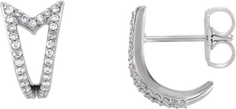 14K Gold Round Natural Diamond Geometric J-Hoop Earrings – 0.8mm Stones - White Gold