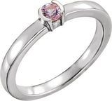 14K Gold Round Natural Pink Tourmaline Half-Bezel Family Stackable Ring - White Gold