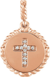14K Gold Round Natural Diamond Accented Cross Disc Necklace or Pendant - Rose Gold