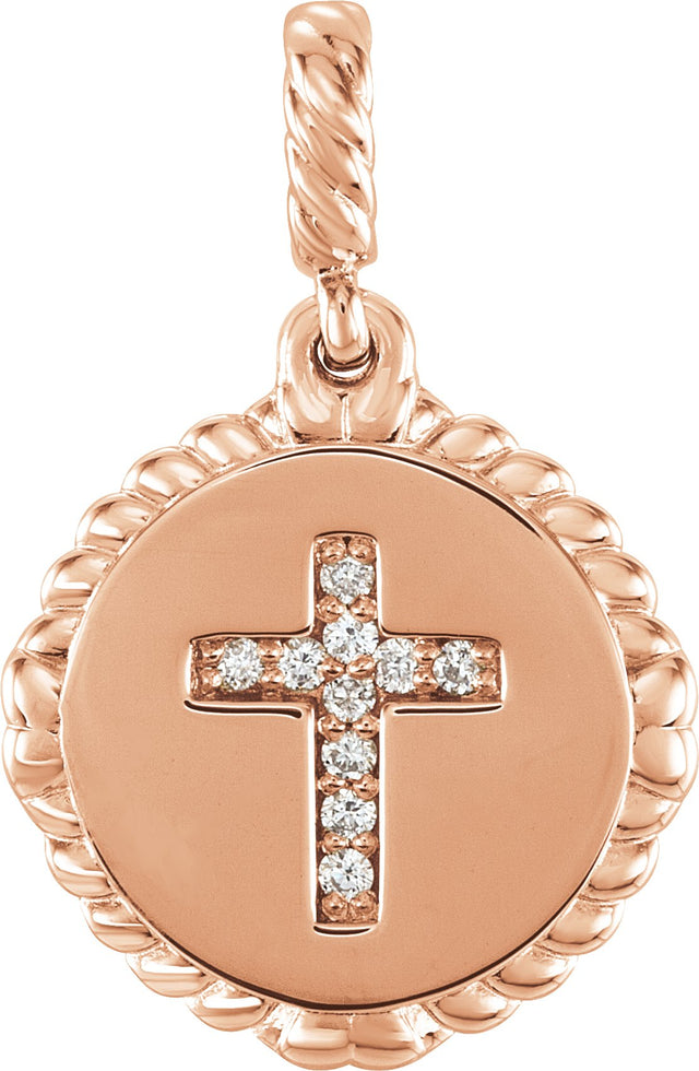 14K Gold Round Natural Diamond Accented Cross Disc Necklace or Pendant - Rose Gold