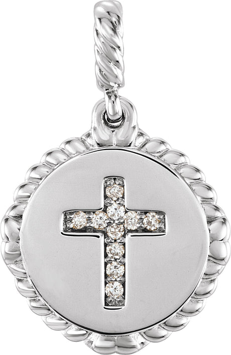 14K Gold Round Natural Diamond Accented Cross Disc Necklace or Pendant - White Gold