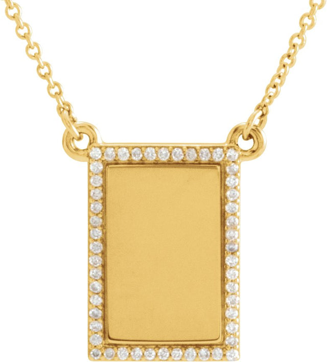 14K Gold Round Natural Diamond Engravable Accented Rectangle Necklace - Yellow Gold