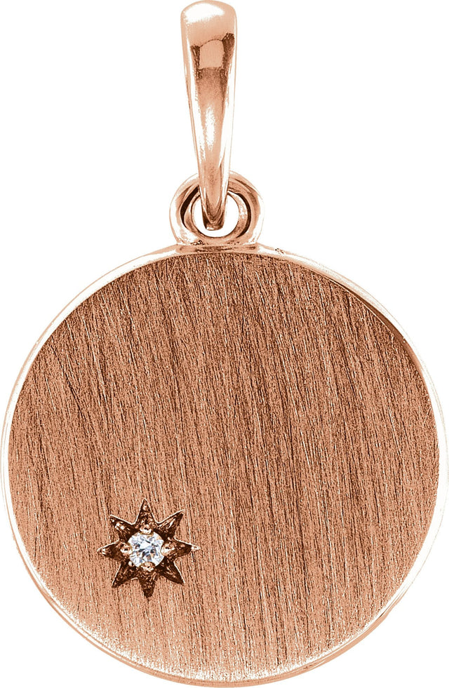 14K Gold Round Natural Diamond Engravable Starburst Necklace or Pendant - Rose Gold
