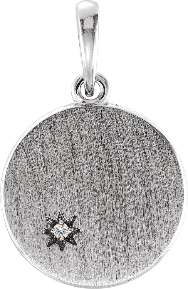 Platinum Round Natural Diamond Engravable Starburst Necklace or Pendant