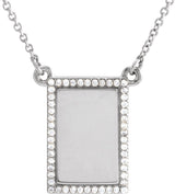 14K Gold Round Natural Diamond Engravable Accented Rectangle Necklace - White Gold