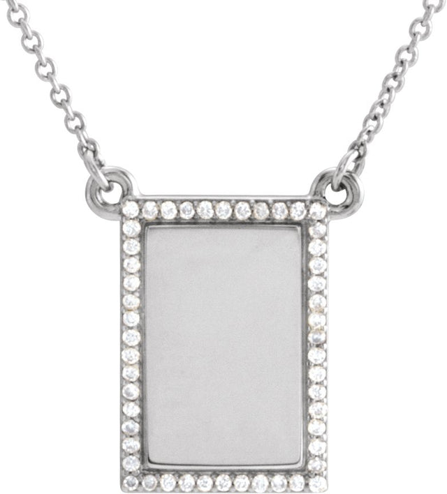14K Gold Round Natural Diamond Engravable Accented Rectangle Necklace - White Gold