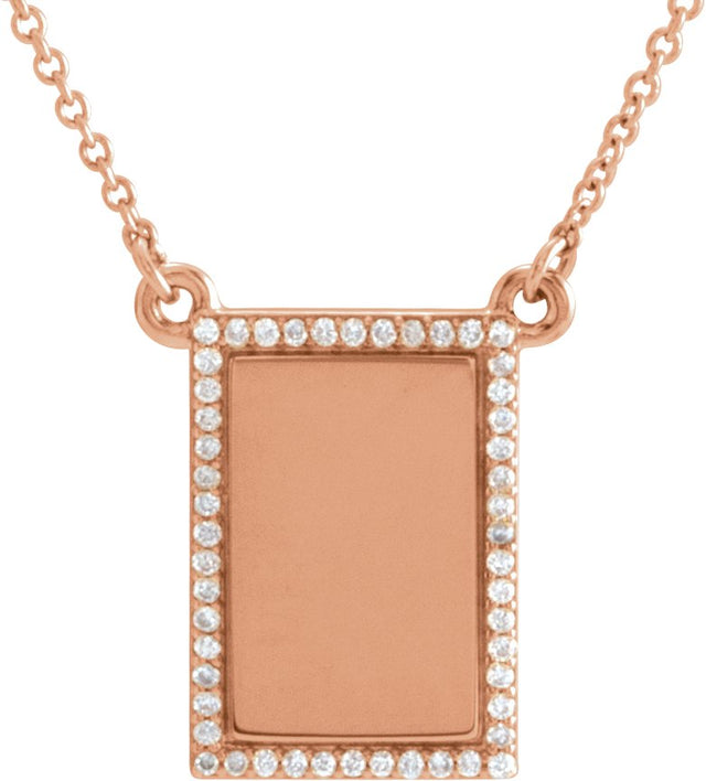 14K Gold Round Natural Diamond Engravable Accented Rectangle Necklace - Rose Gold