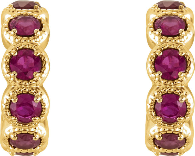14K Gold Round Natural Ruby Accented Hoop Earrings - Yellow Gold - view 2