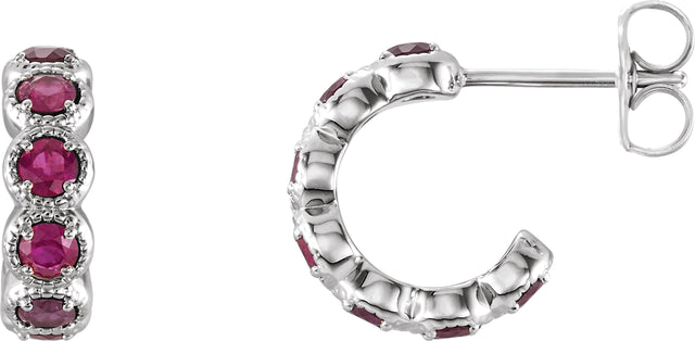 14K Gold Round Natural Ruby Accented Hoop Earrings - White Gold