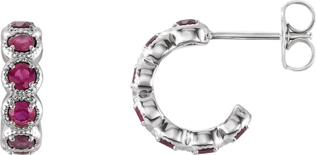 14K Gold Round Lab-Grown Ruby Accented Hoop Earrings - White Gold