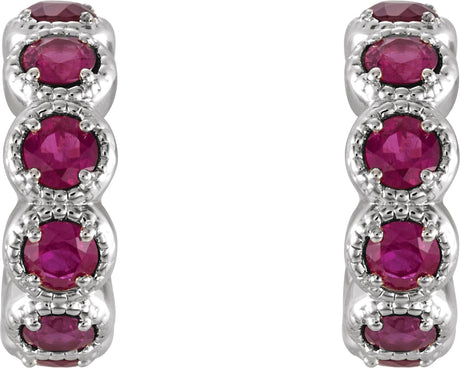 Platinum Round Lab-Grown Ruby Accented Hoop Earrings - view 2