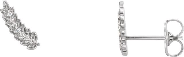 14K Gold Round Natural Diamond Leaf Ear Climbers - White Gold