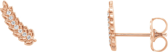 14K Gold Round Natural Diamond Leaf Ear Climbers - Rose Gold