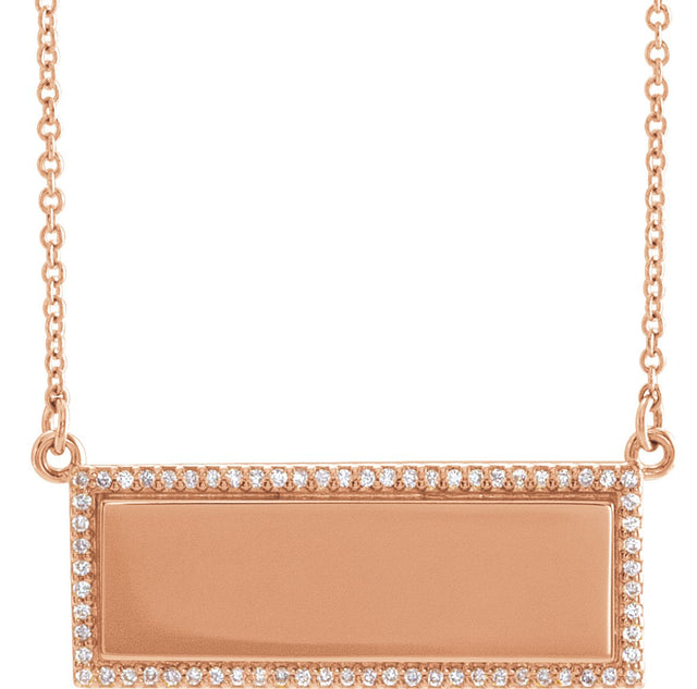 14K Gold Round Natural Diamond Engravable Bar Necklace - Rose Gold