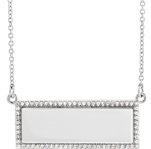 14K Gold Round Natural Diamond Engravable Bar Necklace - White Gold