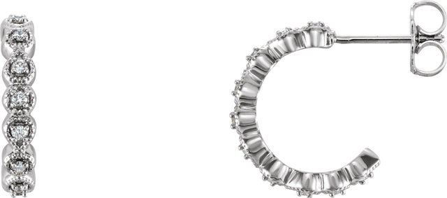 14K Gold Round Natural Diamond Accented Hoop Earrings – 1-1.2mm Stones - White Gold