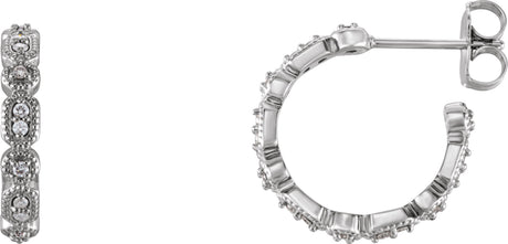 14K Gold Round Natural Diamond Accented Hoop Earrings – 1-1.1mm Stones - White Gold