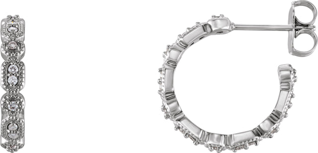 14K Gold Round Natural Diamond Accented Hoop Earrings – 1-1.1mm Stones - White Gold