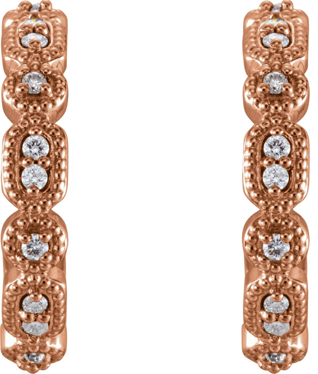 14K Gold Round Natural Diamond Accented Hoop Earrings – 1-1.1mm Stones - Rose Gold - view 2