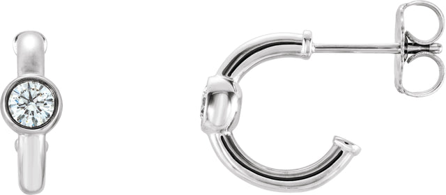 14K Gold Round Natural Diamond Bezel-Set Huggie Earrings - White Gold