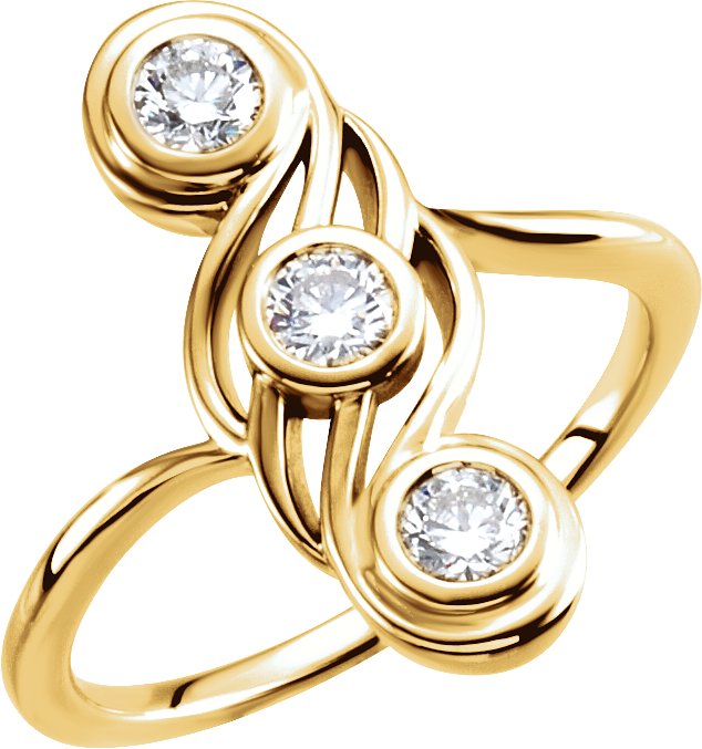 14K Gold Round Natural Diamond Three-Stone Bezel-Set Ring – 3.4mm Stones - Yellow Gold
