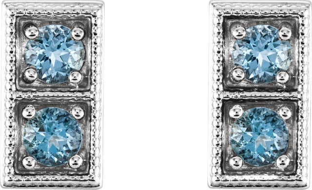 14K Gold Round Natural Aquamarine Two-Stone Earrings - White Gold - view 2