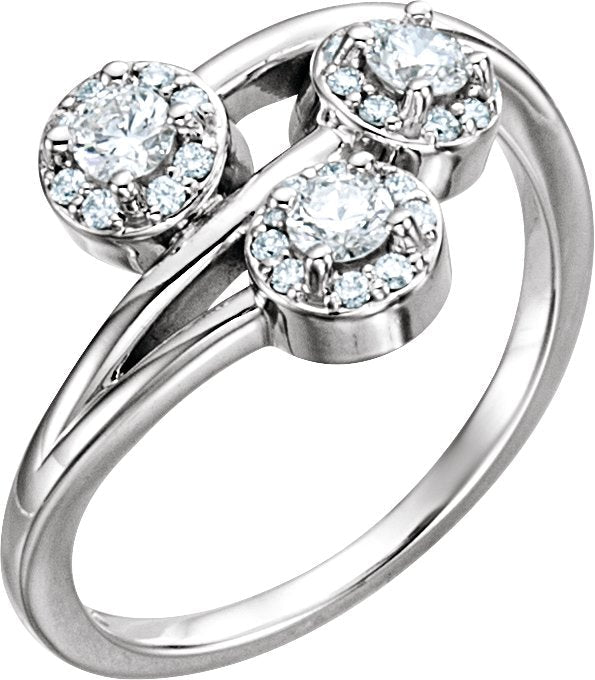 14K Gold Round Natural Diamond Halo-Style Three-Stone Ring - White Gold